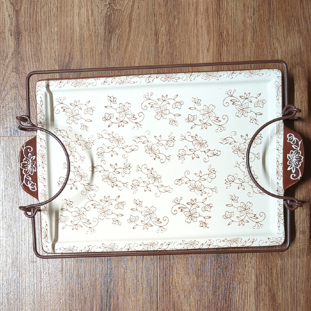 Temp-Tations Cream and Brown Floral Serving Tray